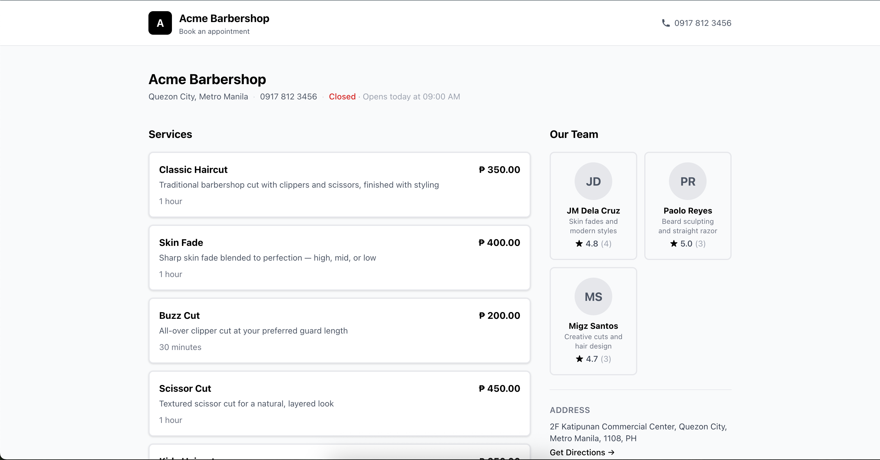 Online booking page showing services and team
