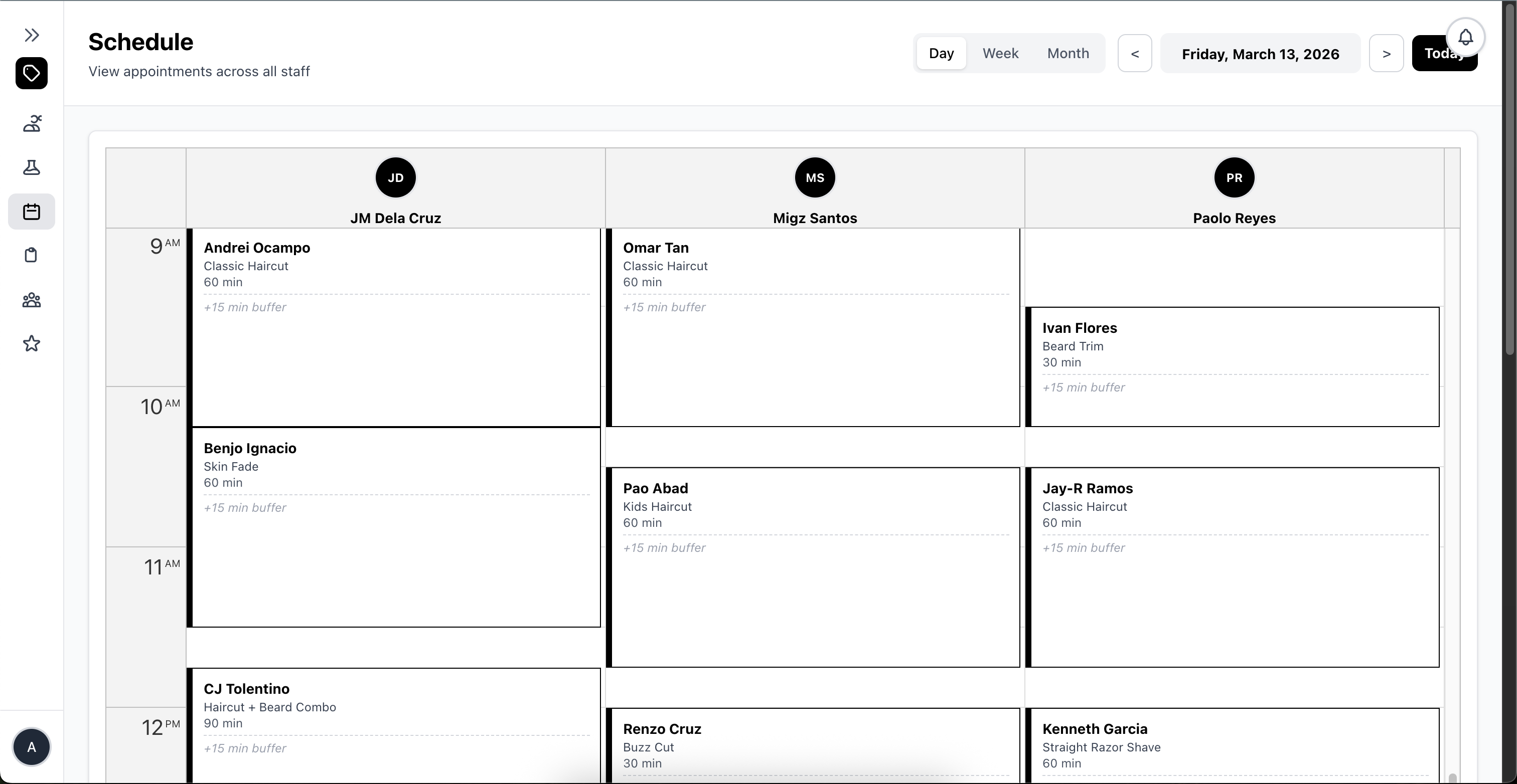 Snapp schedule dashboard showing appointments across staff