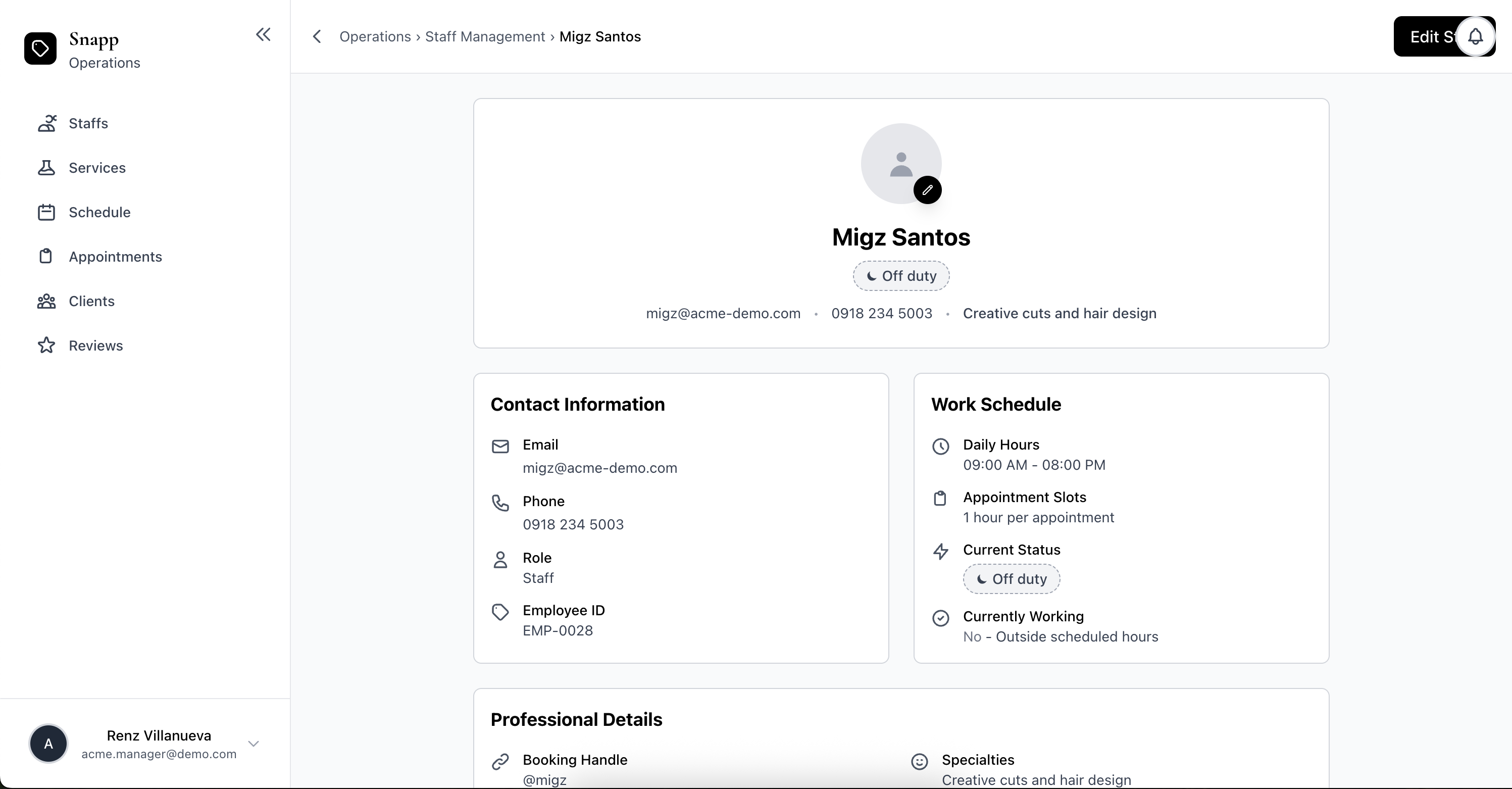 Staff profile page showing contact info, work schedule, and professional details